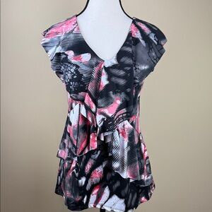 Reitmans Ruffled Layered Black Pink White V-Neck Blouse Top Women's Size M